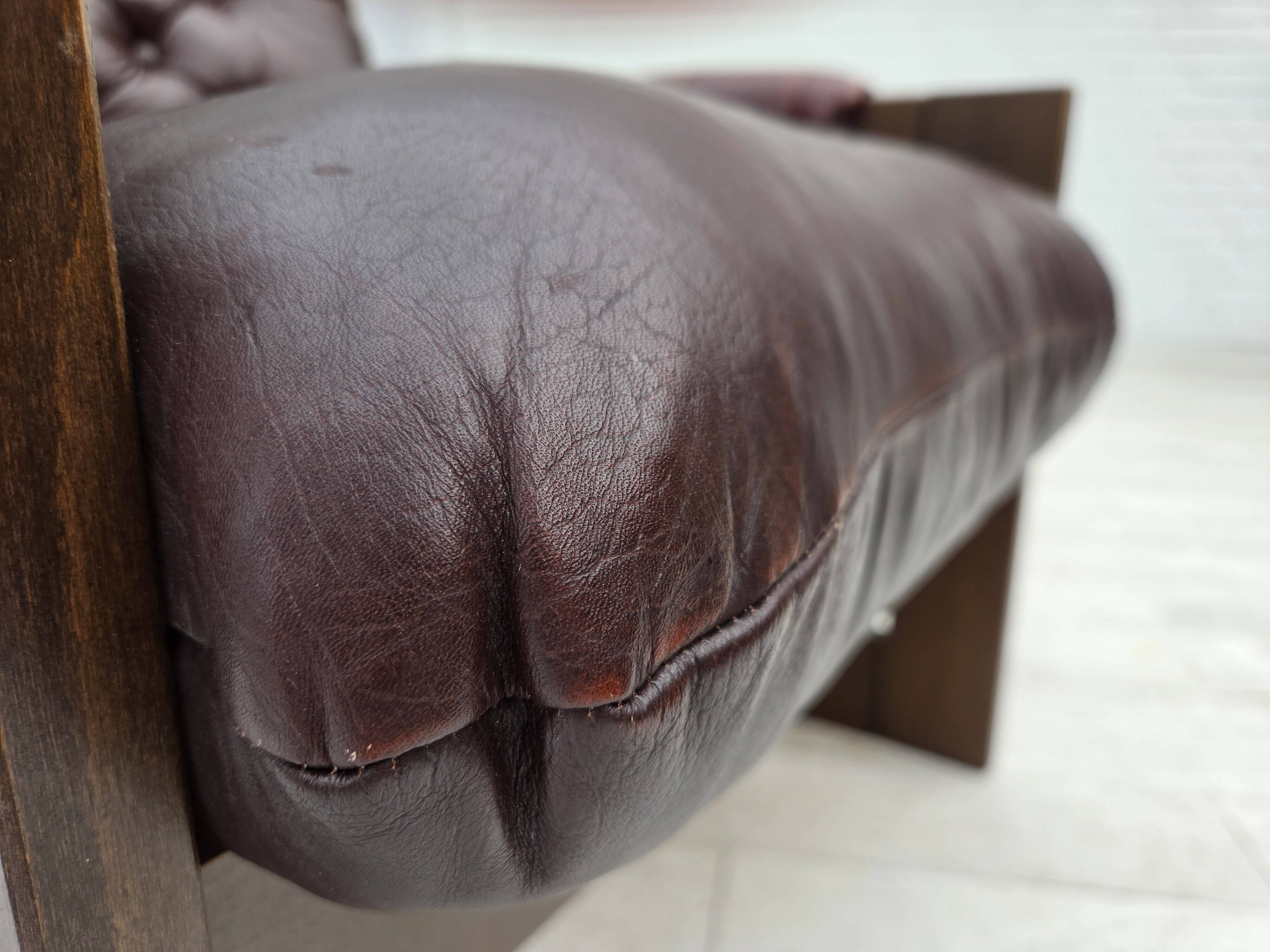 1970s, Scandinavian armchair, brown furniture leather, dark beech wood.