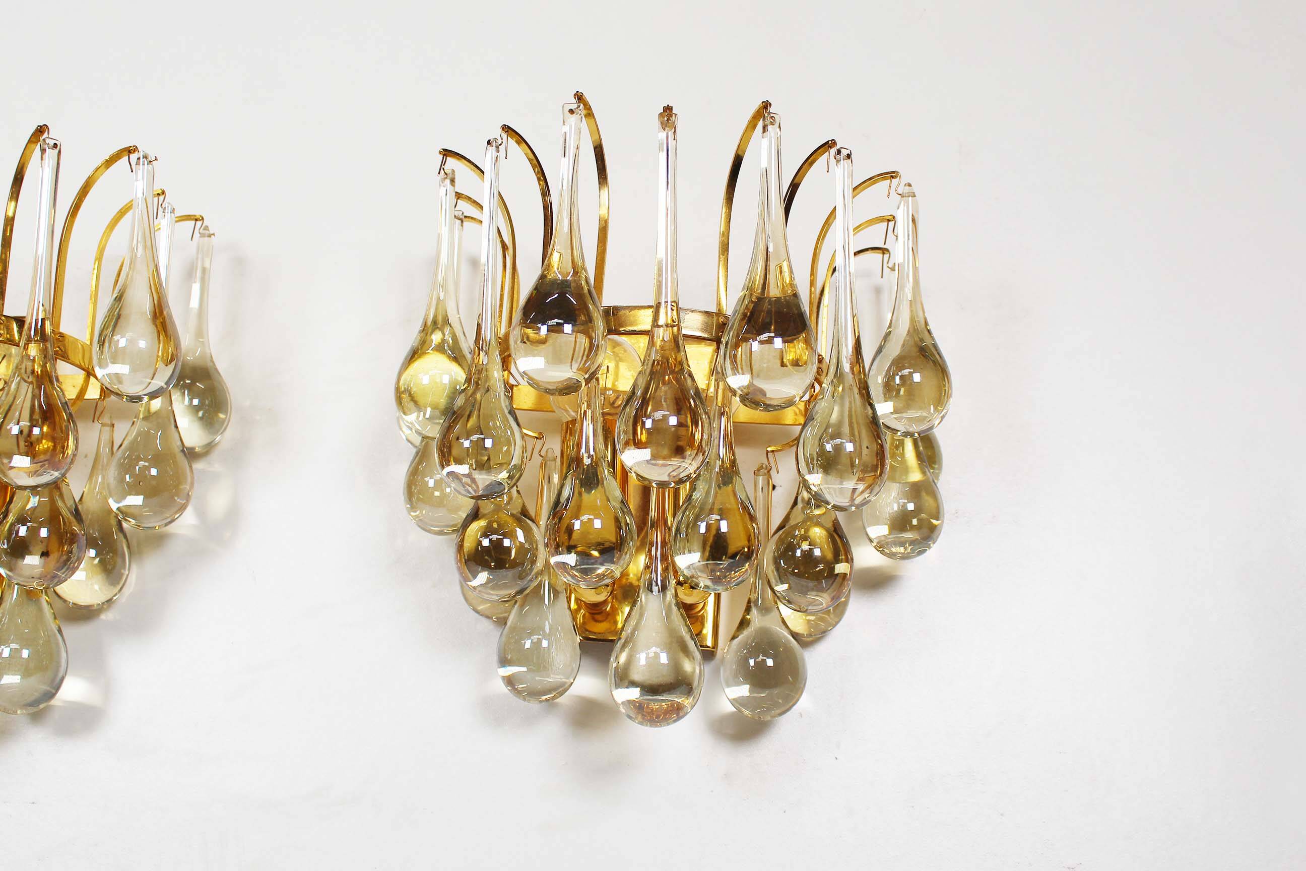Lot de deux appliques en laiton et verre en forme de larme par Christophe Palme, Allemagne années 1970