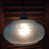 Pendant lamp globe in frosted molded glass relief flowers Blue Dp 112294