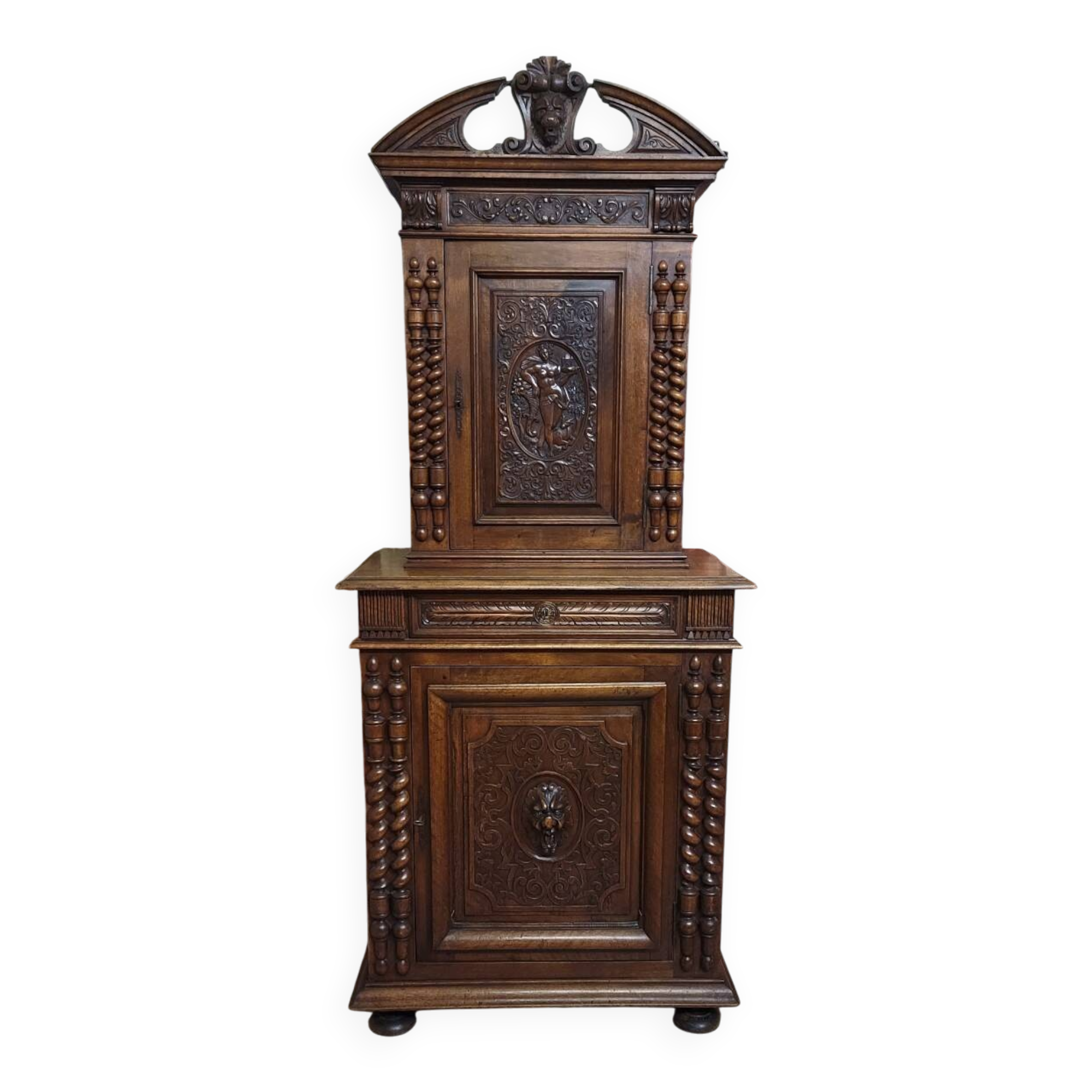 Antique solid walnut piece of furniture, finely carved, in Renaissance style.
