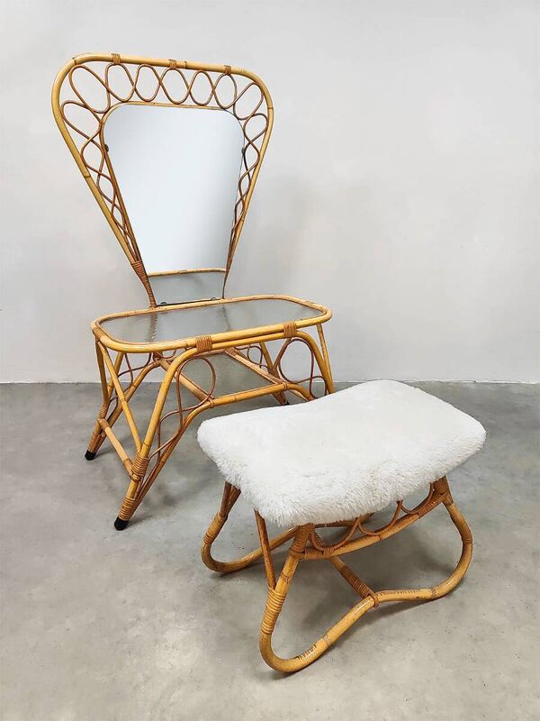 Coiffeuse et tabouret vintage en rotin et bambou