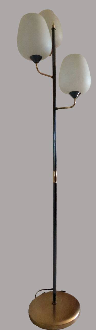 Vintage metal floor lamp with 3 lights and matt white opals