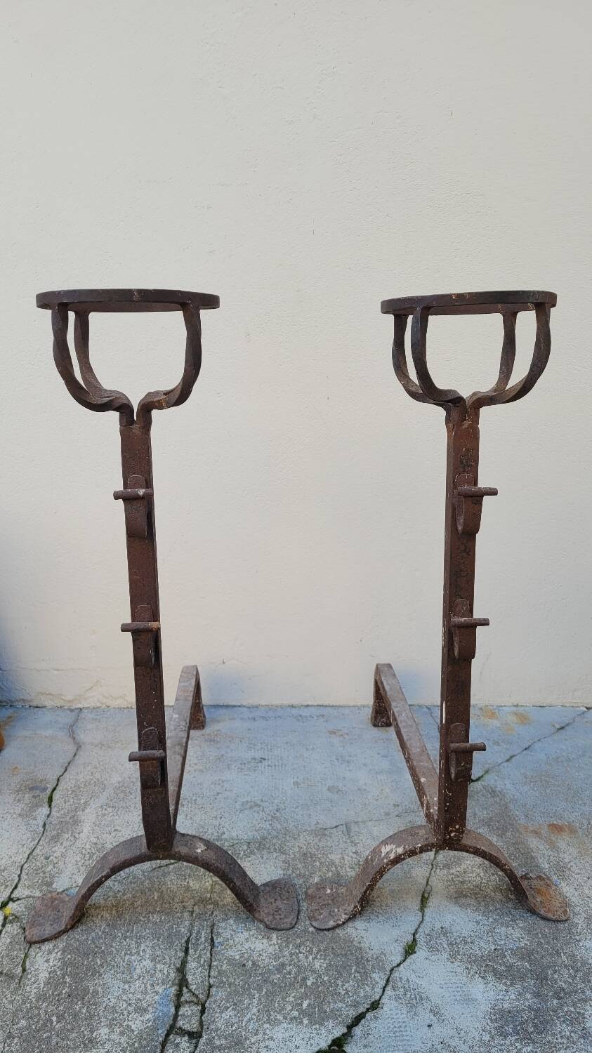 Pair of old 19th century wrought iron fireplace andirons