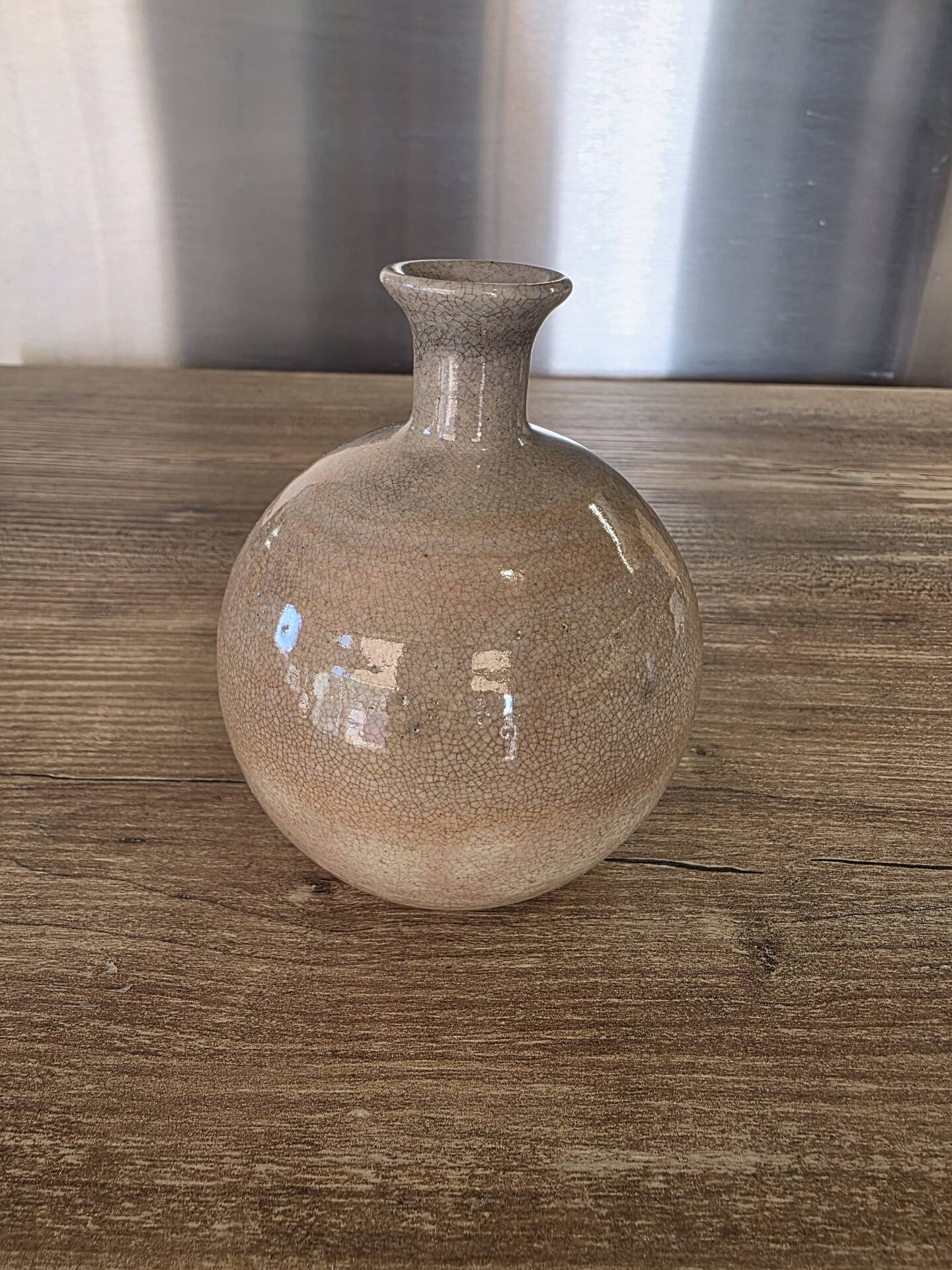 Small round vase soliflore, crackled glazed stoneware, ceramist seal.