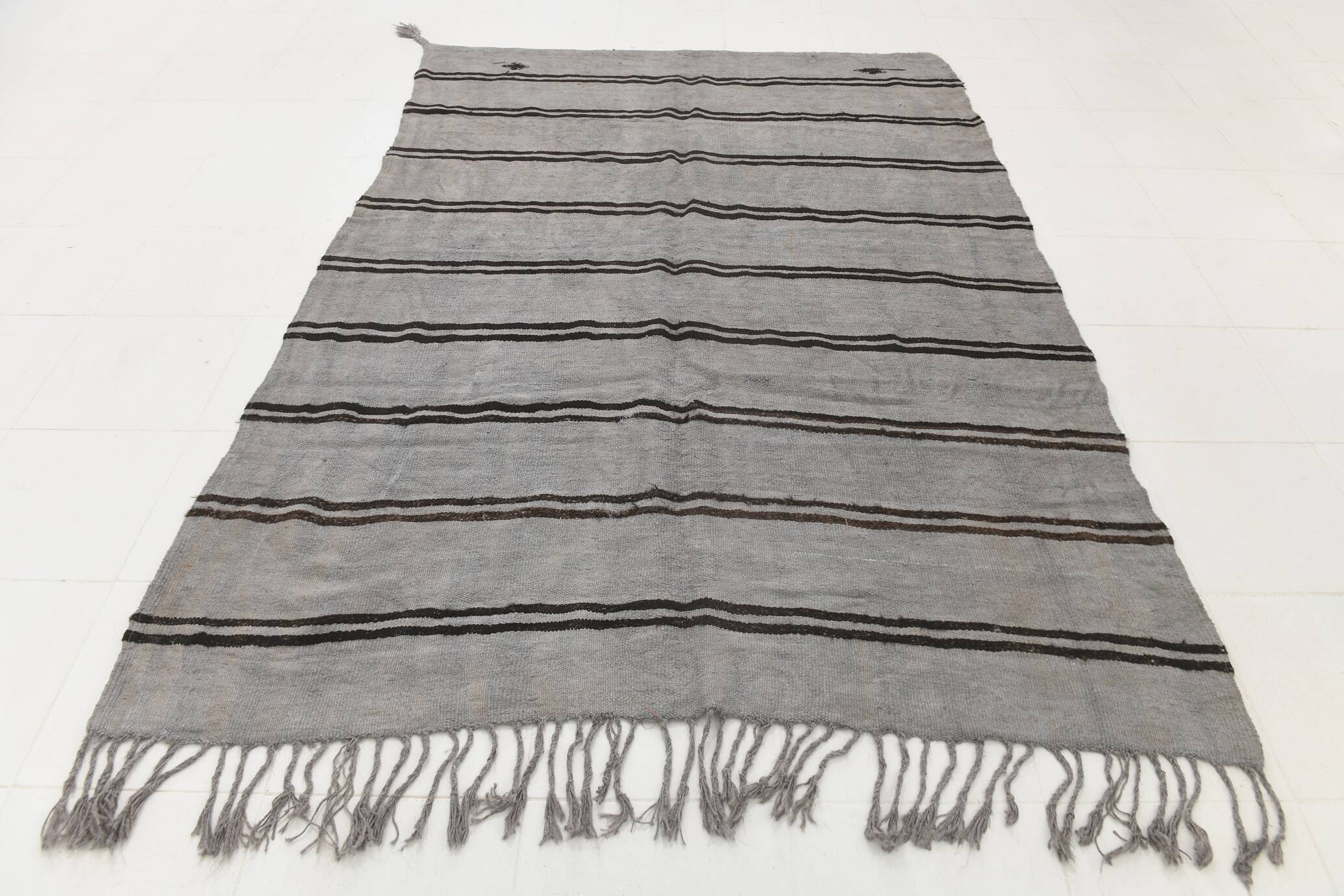 Striped Pattern Gray & Black Vintage Kilim Rug, 188x267Cm