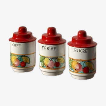 Series of ceramic spice jar coffee flour sugar vintage with fruit decoration and red