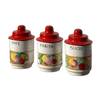 Series of ceramic spice jar coffee flour sugar vintage with fruit decoration and red
