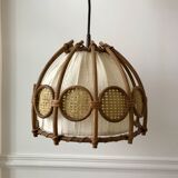 Suspension scandinave en rotin toile et cannage années 60-70