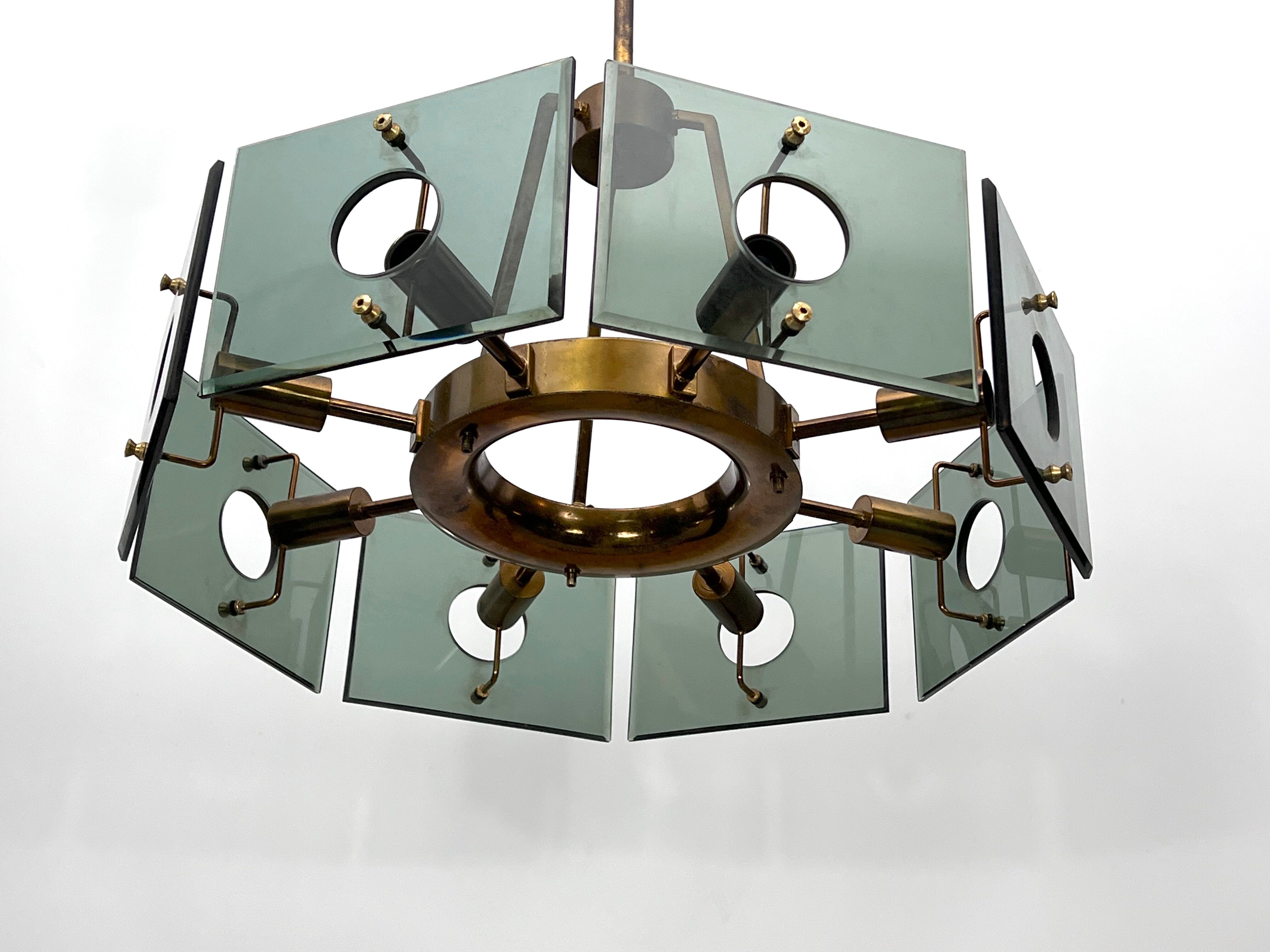 Gino Paroldo, modernist brass and smoked glass chandelier, Italy 1960s