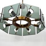 Gino Paroldo, modernist brass and smoked glass chandelier, Italy 1960s