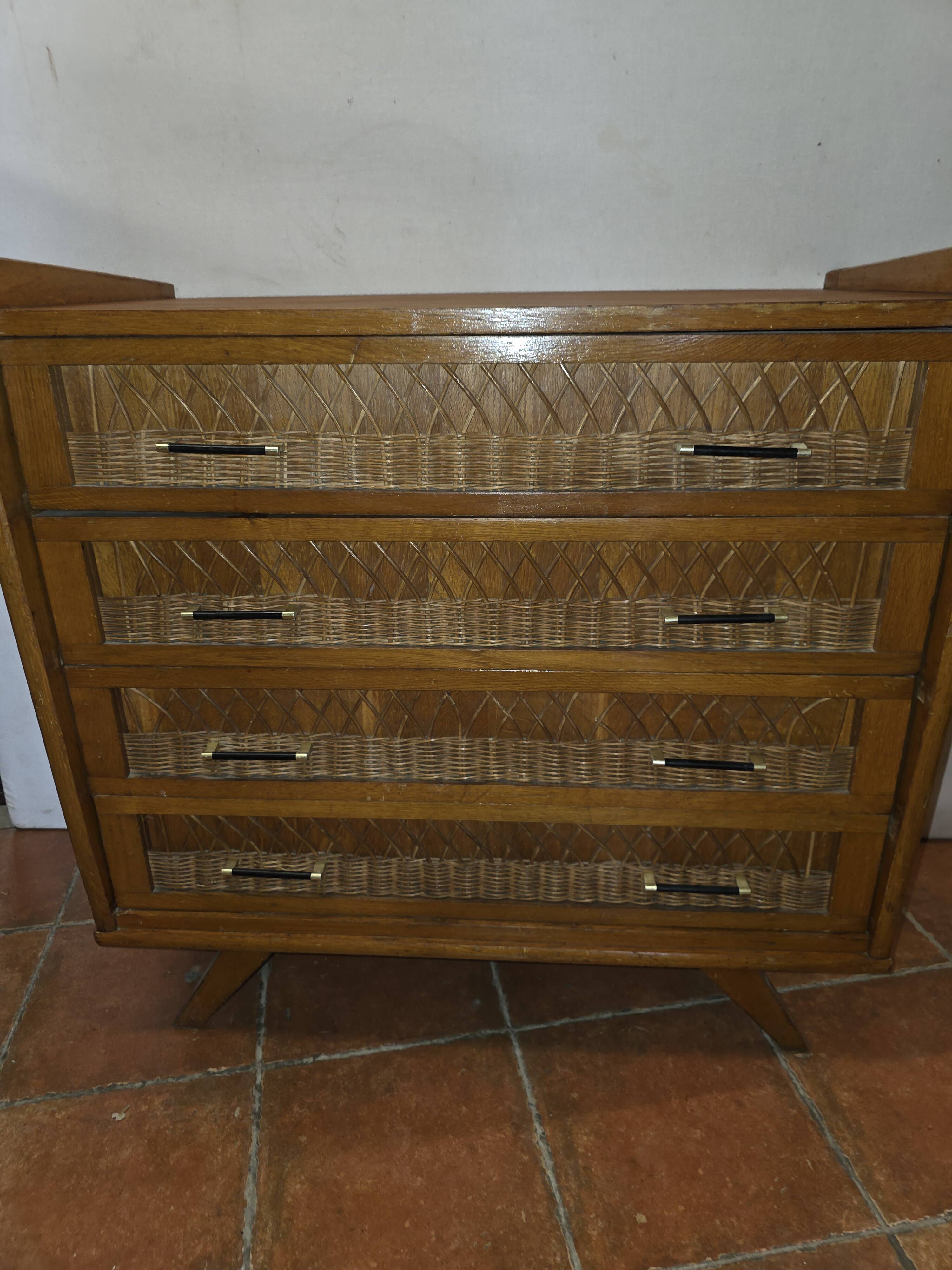 Commode vintage rotin et chêne des années 60