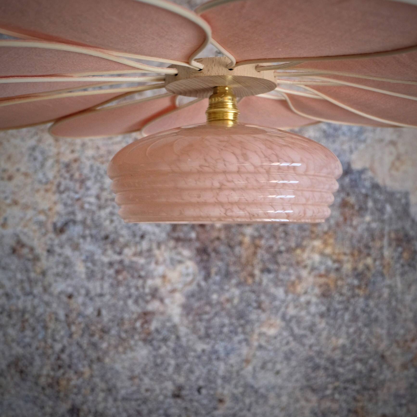 Rattan and Pink Linen Flower Pendant Light and Vintage Clichy Glass Globe