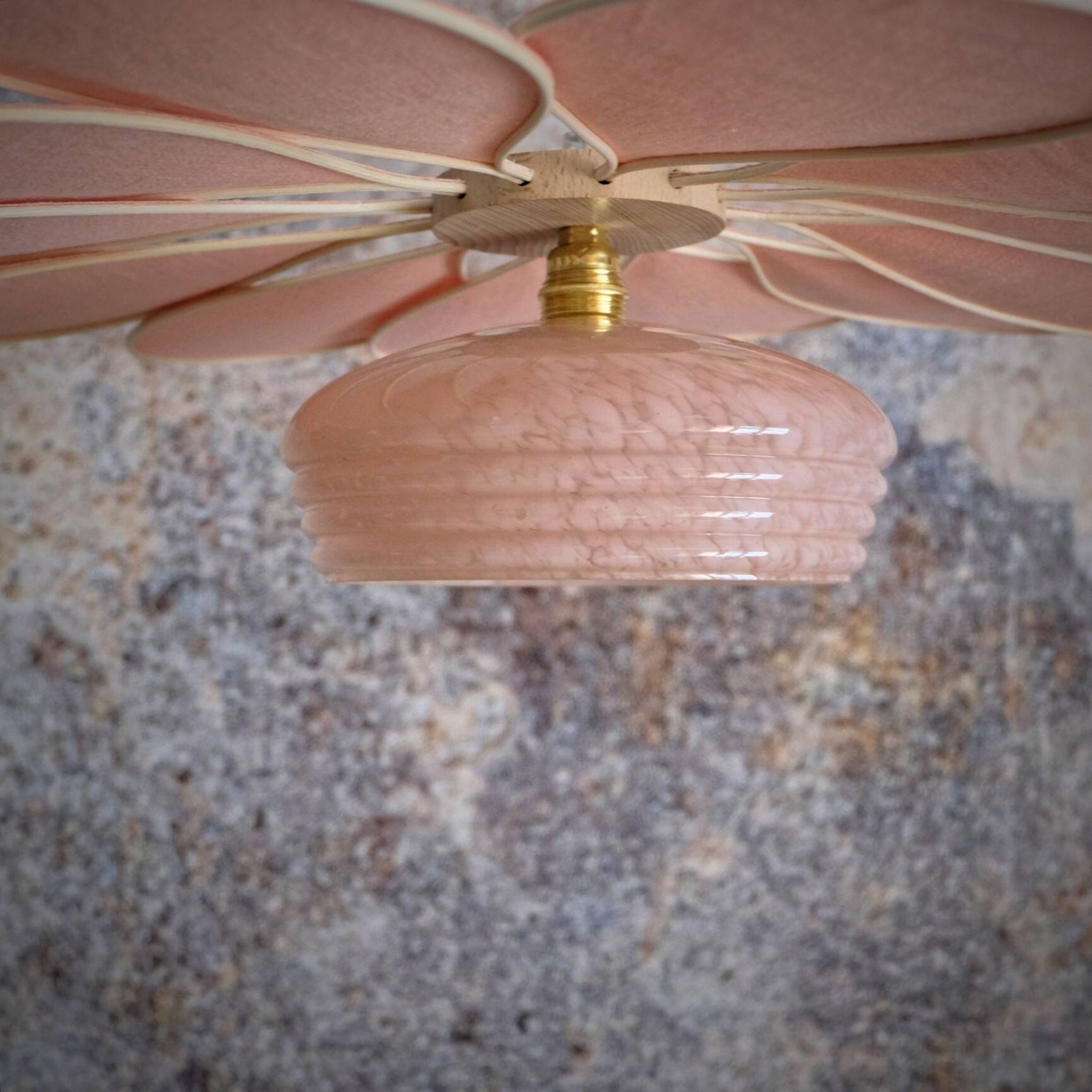 Rattan and Pink Linen Flower Pendant Light and Vintage Clichy Glass Globe