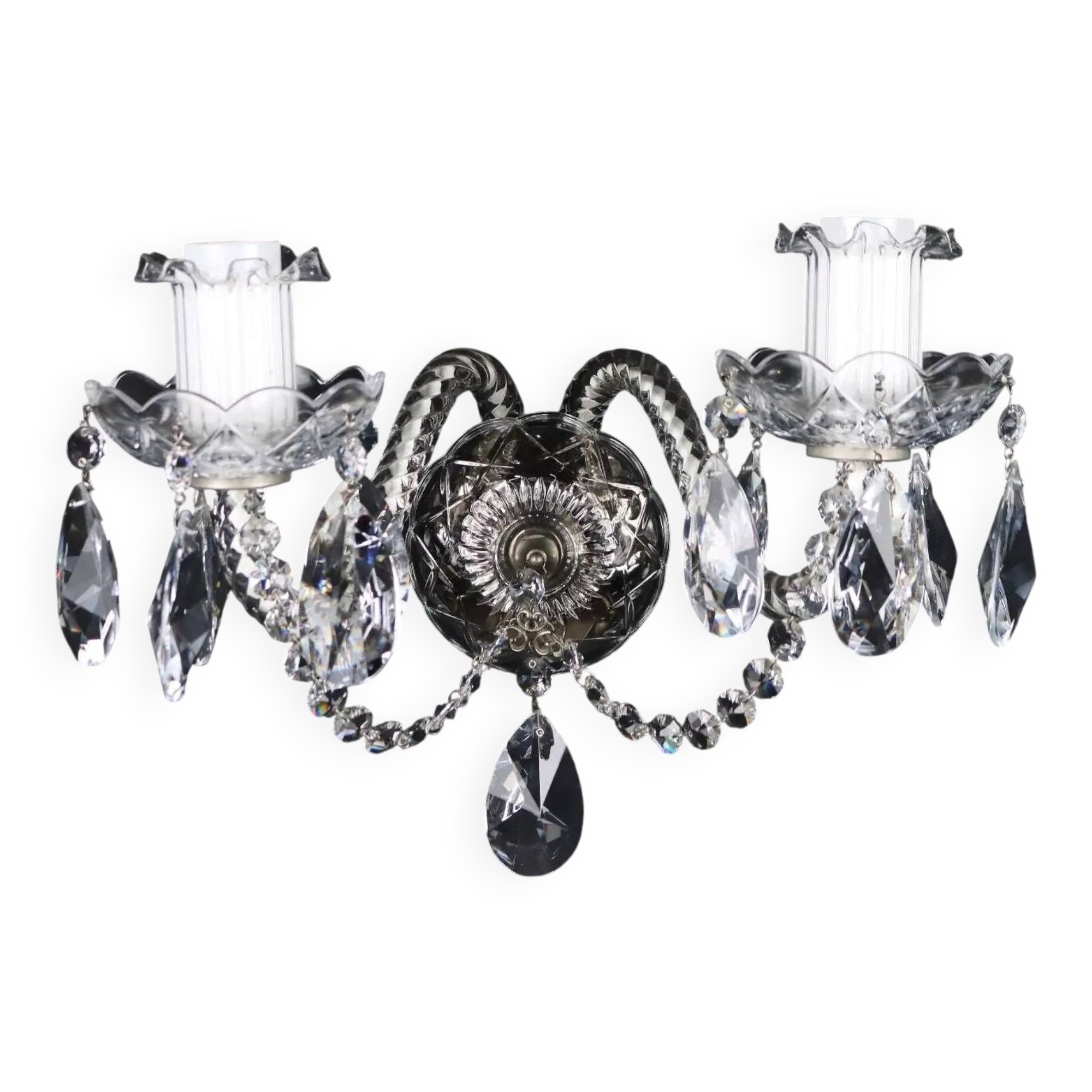 Antique wall light with 2 lights from the 1900s, featuring crystal bobeches and pendants.