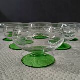 6 superb antique liqueur glasses on green stems, vintage cut glass