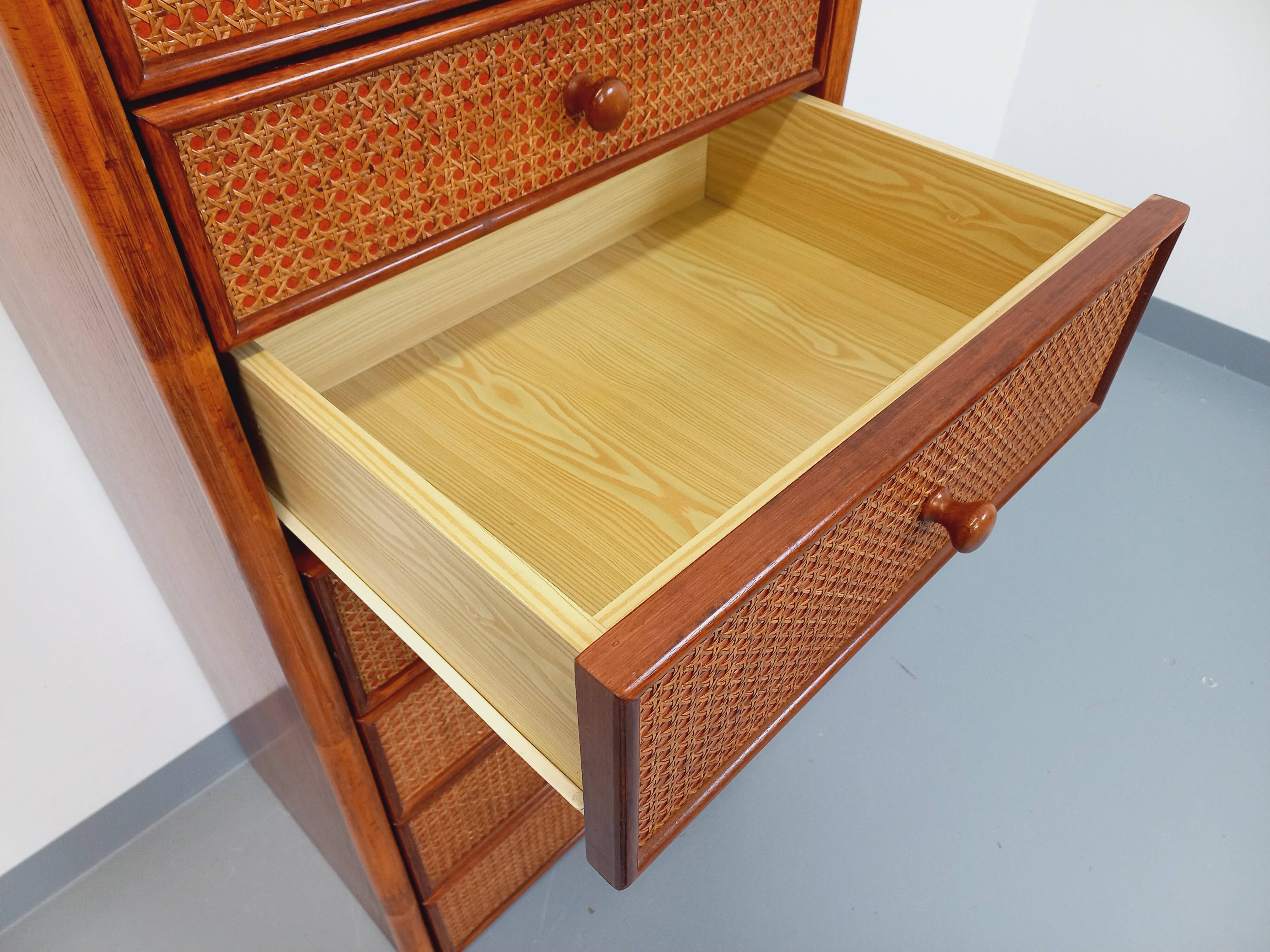 Vintage chest of drawers in rattan, wood and cane