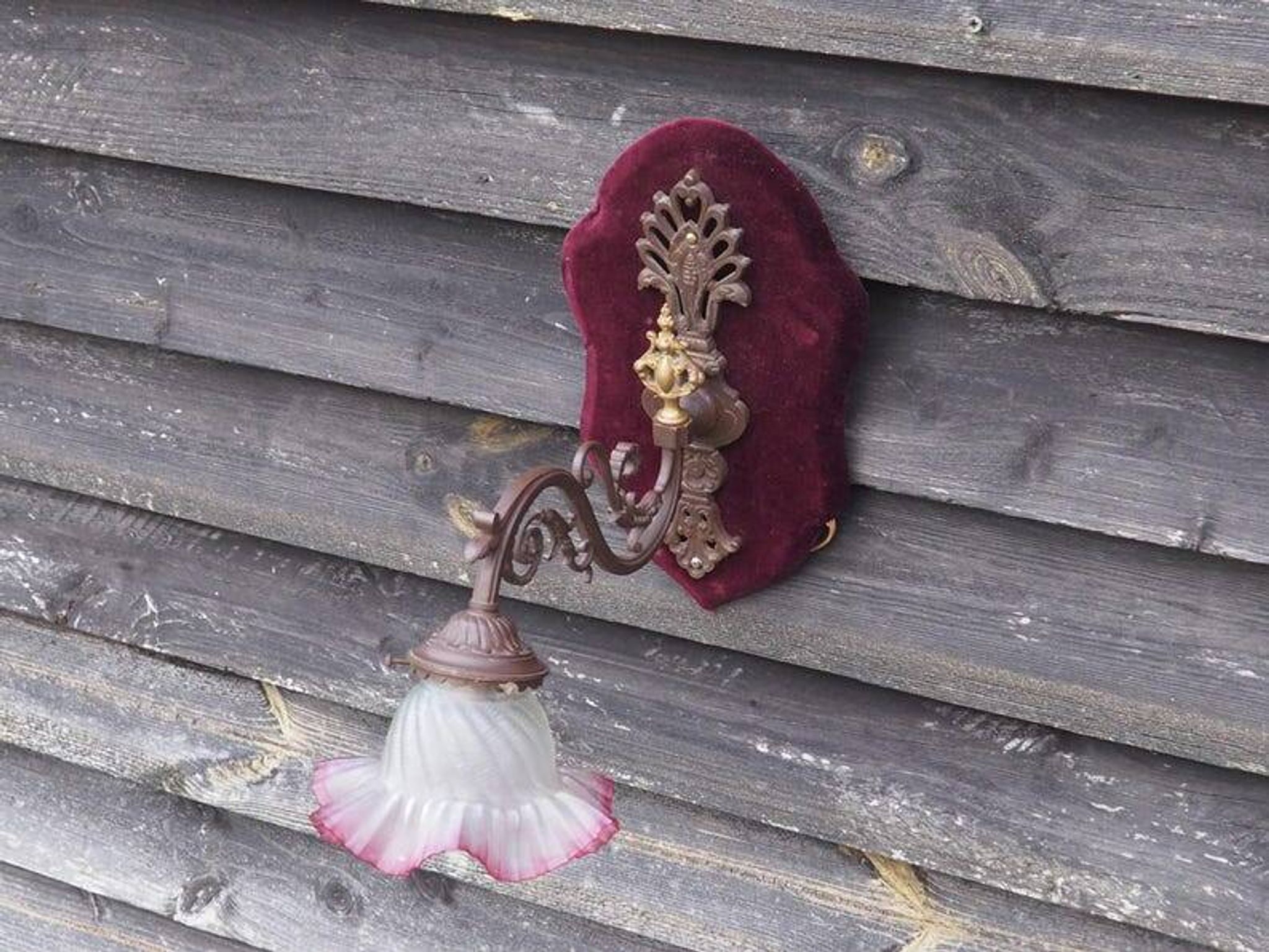 Art Nouveau Wall Sconce: French Metal, Opaline Rose Shade, C1950s