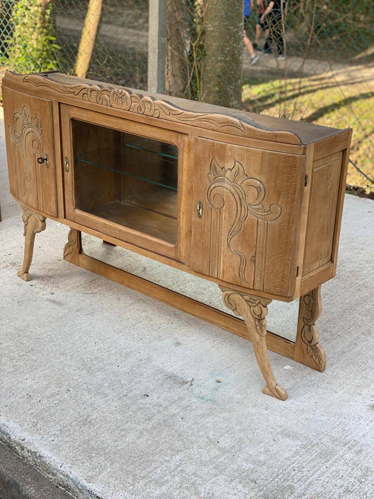 Parisian art deco 2-part buffet renovated in solid oak and marble 1940