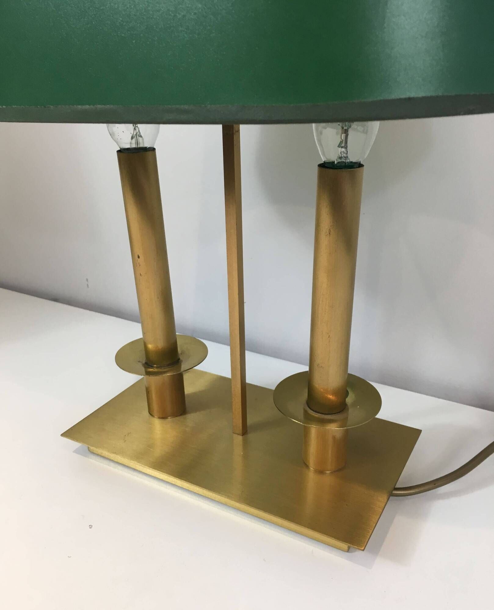 Pair of Two-Light Table Lamps in Brass with Green Shades. Work F