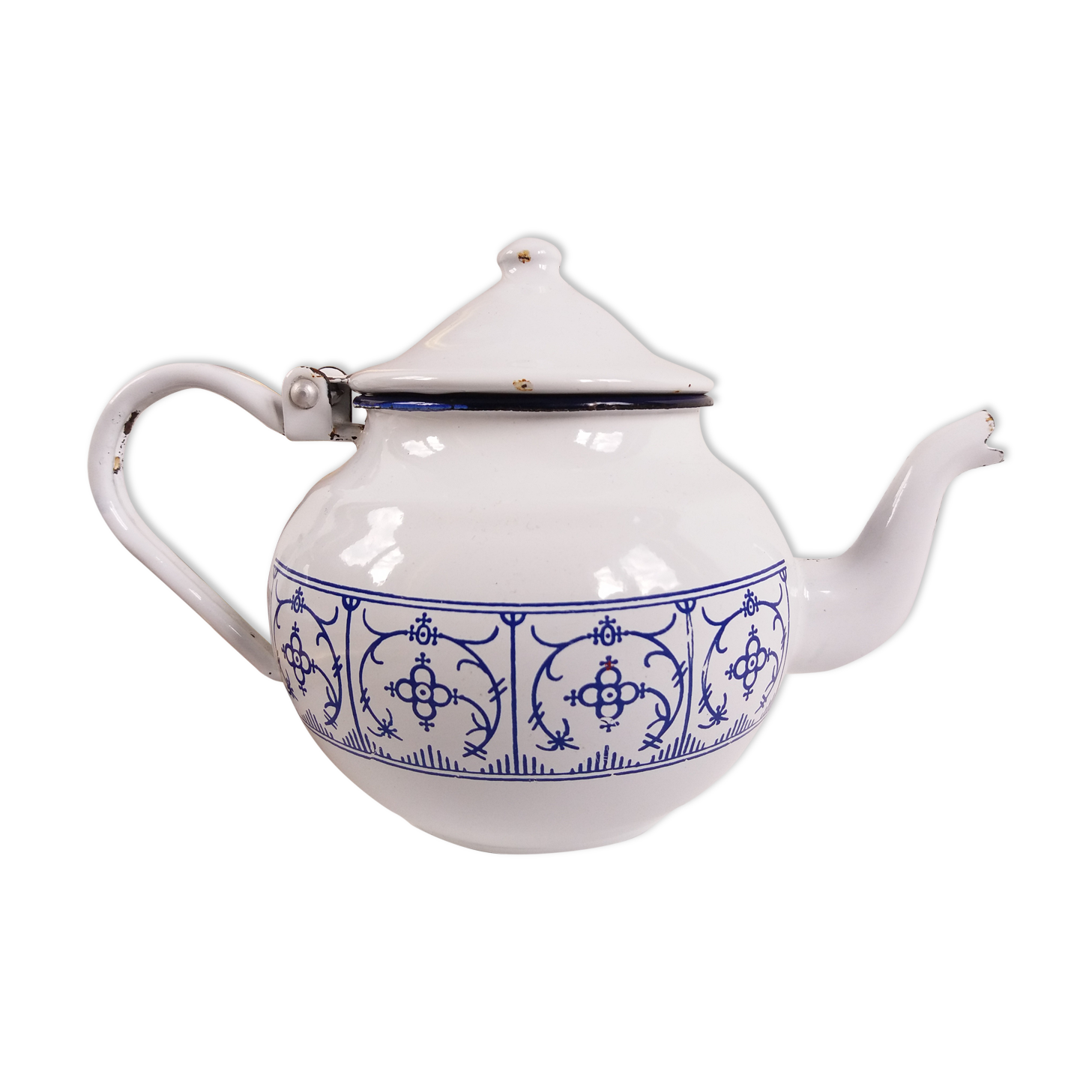 Teapot enamel white and blue