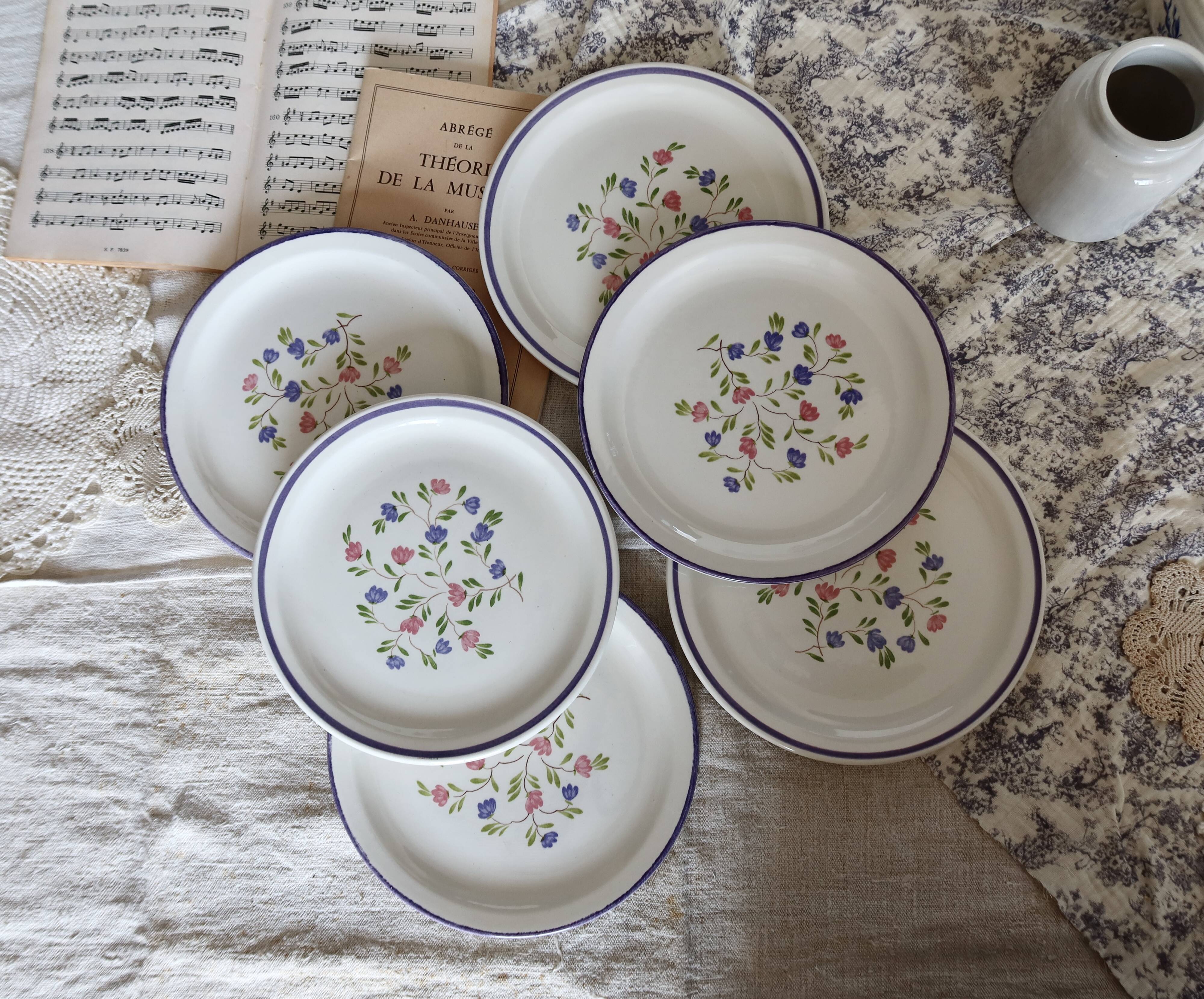 6 vintage porcelain dessert plates Moulin des Loups lilac floral pattern