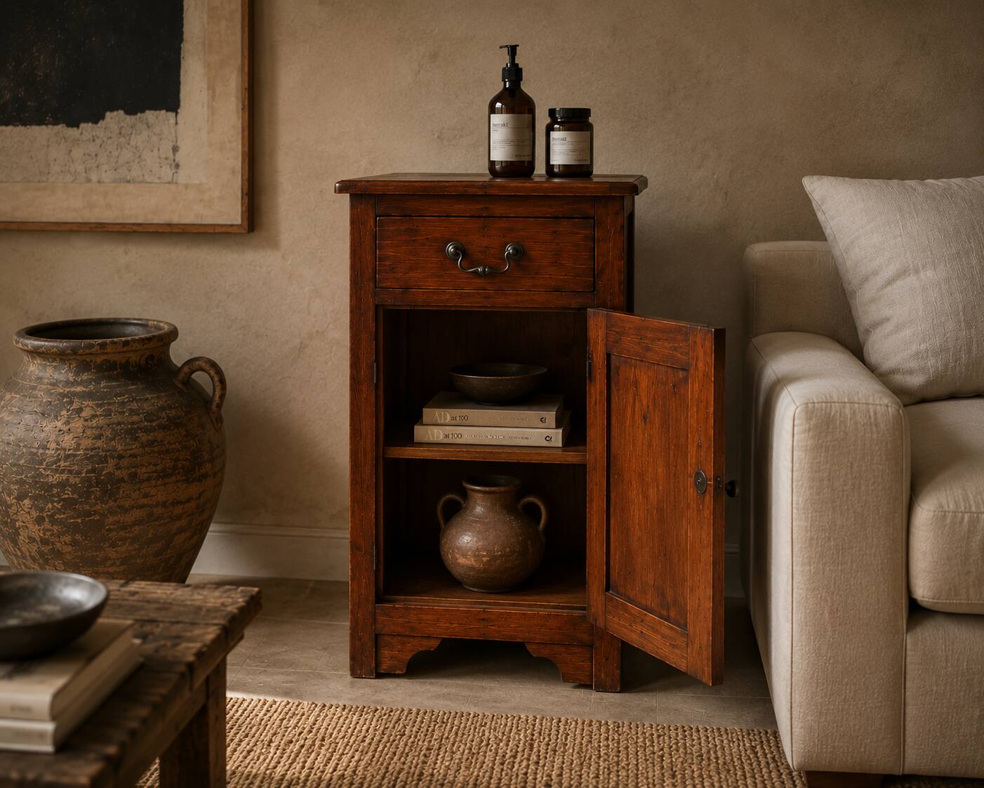 Rustic Walnut Bedside Cabinet, 1980s