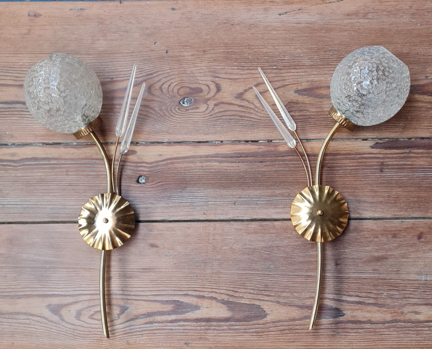 Pair of brass and glass sconces