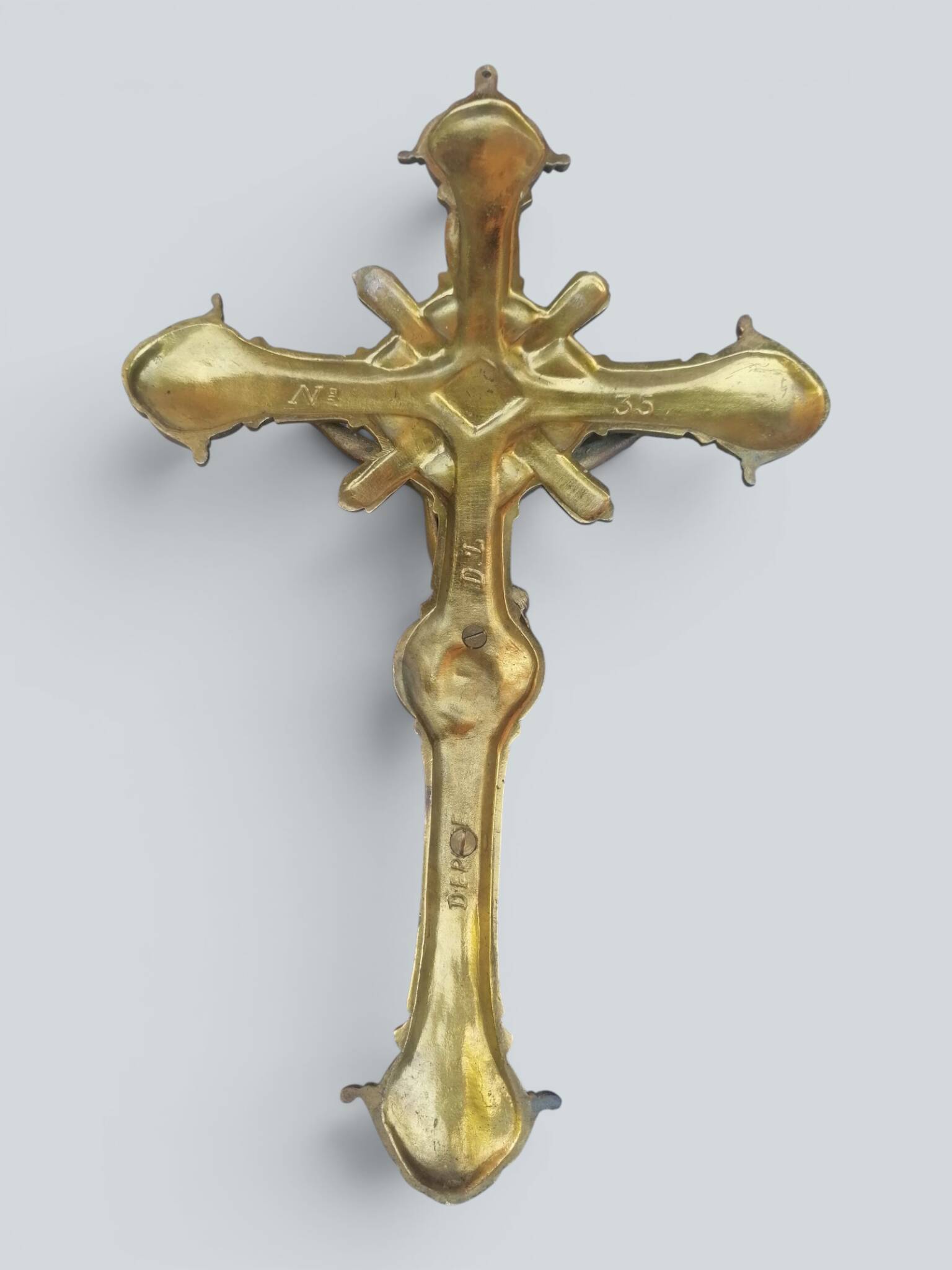 Ornate engraved brass crucifix, Christian cross, Jesus Christ.