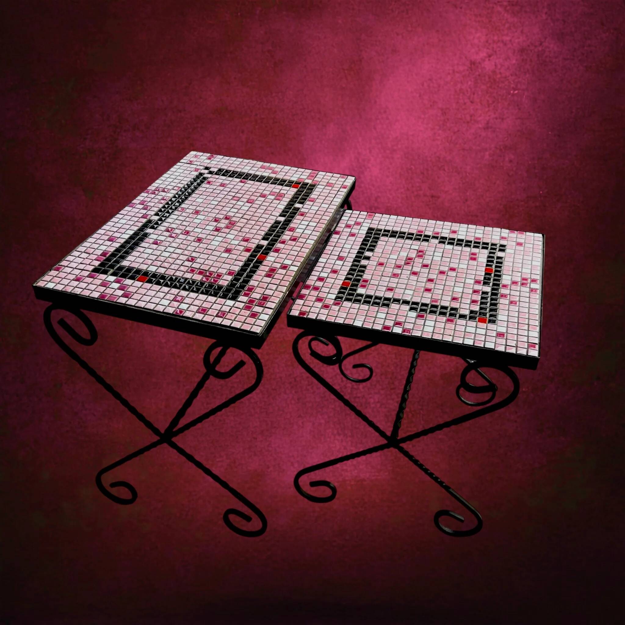 Pair of nesting tables in wrought iron and ceramic mosaic – 1950s-60s