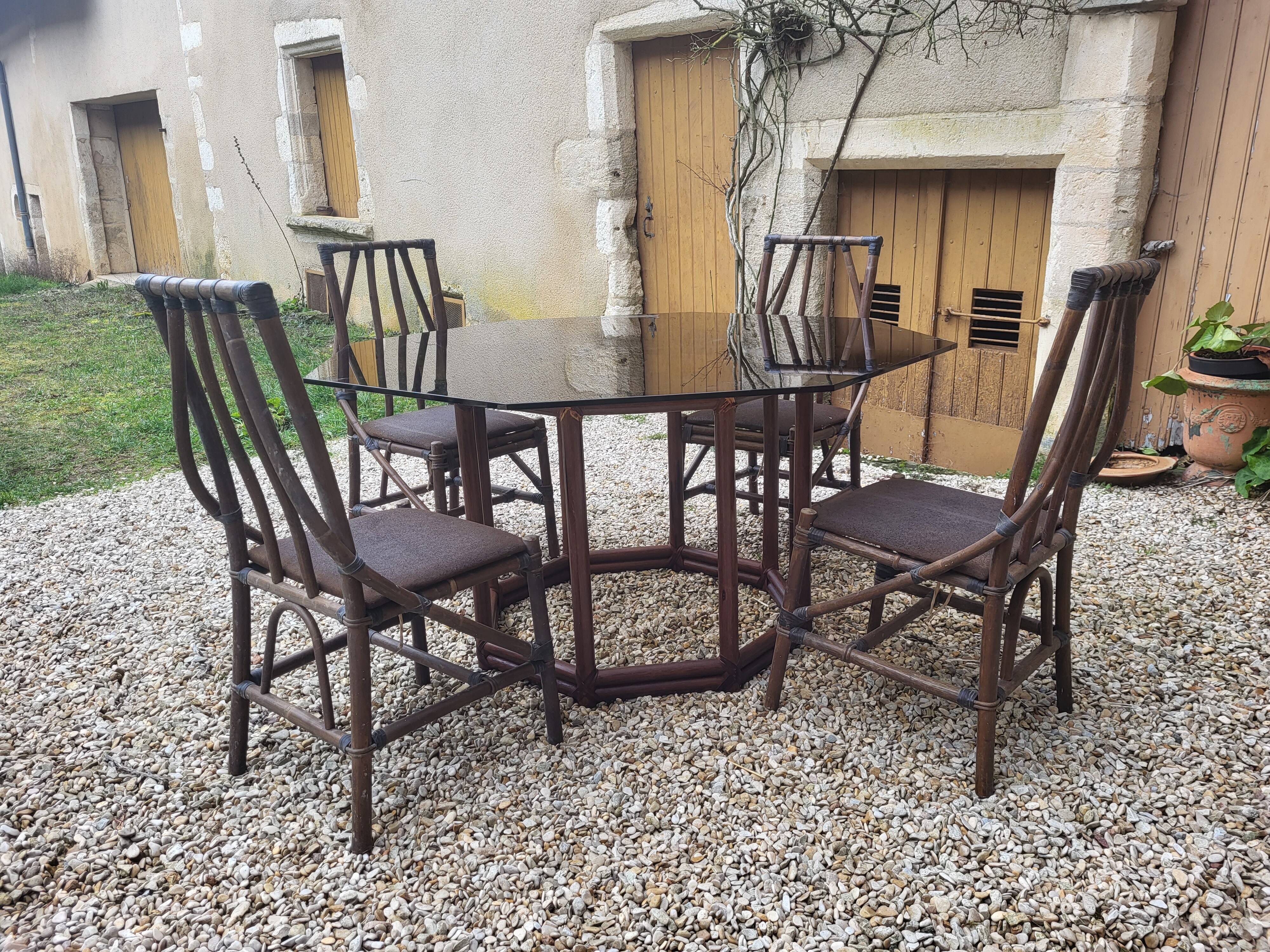 Wood table bamboo style smoked glass 70s