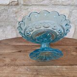 Ancien plat de service compotier sur piédouche en verre bleu