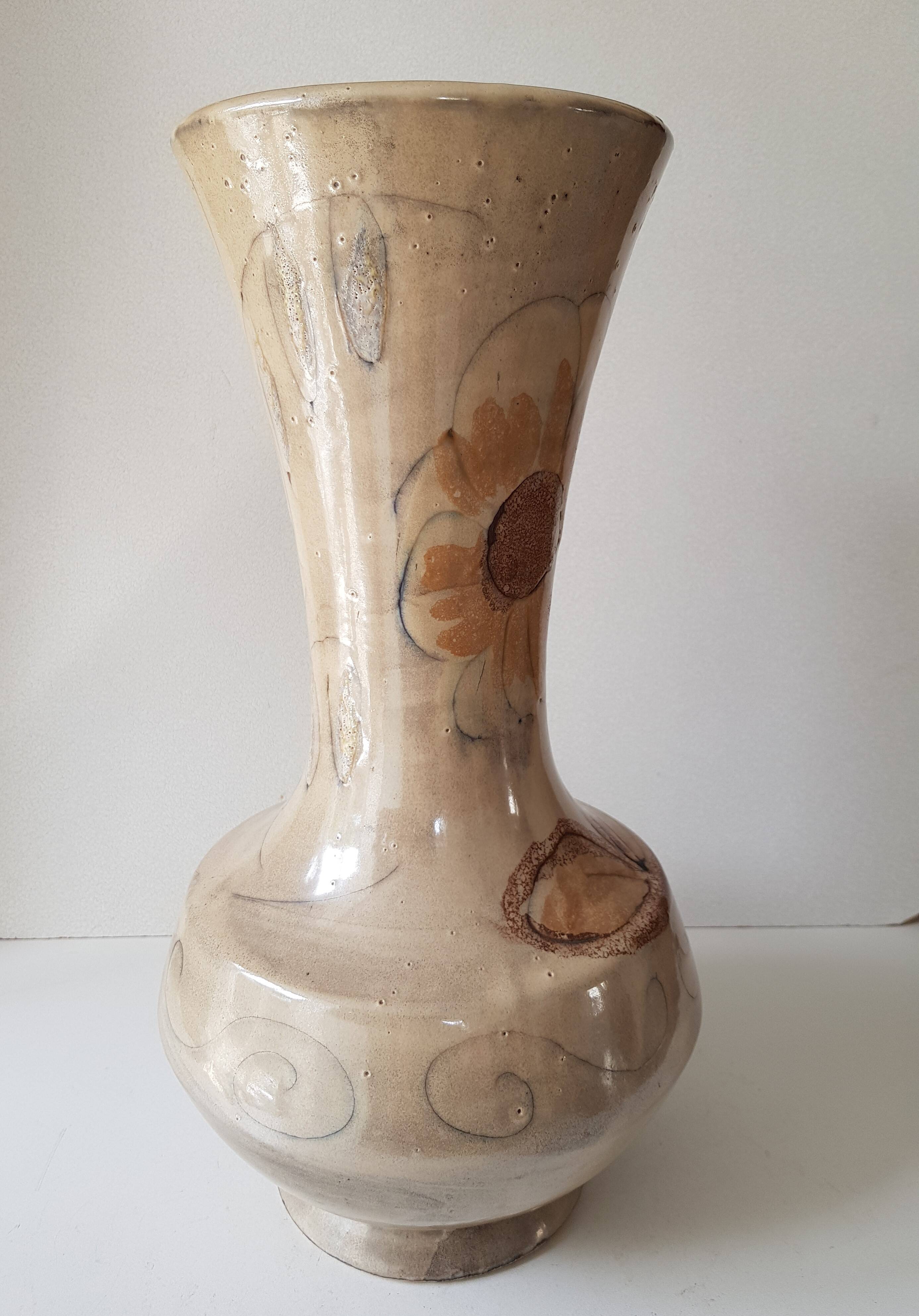Large ceramic vase with floral motif - Signed La roue Vallauris - H 38 cm