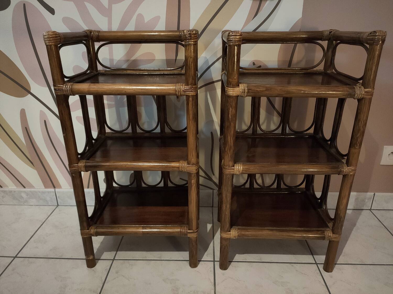 Pair of vintage bamboo and rattan bedside tables/shelves