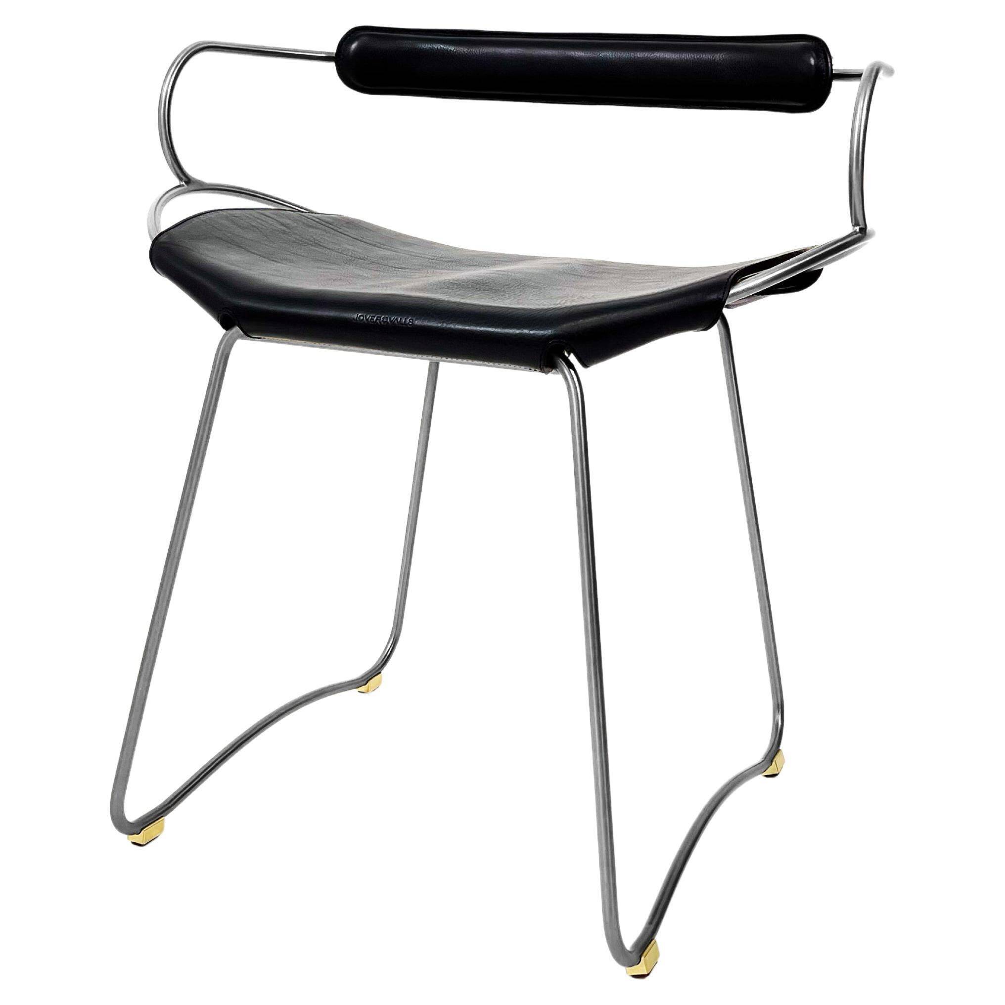 Sculptural stool table height c. Metal Backrest Silver Aged and Black Leather