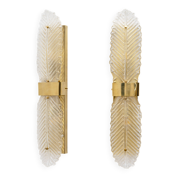 Pair of "Graniglia" Murano Glass and Brass Leaf Sconces