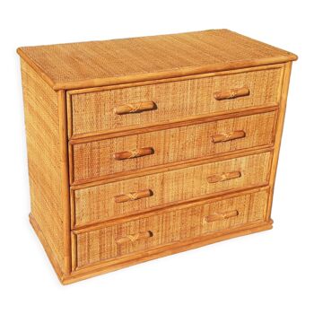 Chest of drawers 4 drawers in wood and wicker 70s vintage