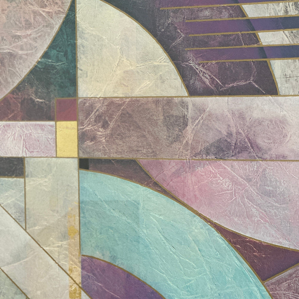 Pair of large Richard Hall geometric abstract mixed media lithographs with gold
