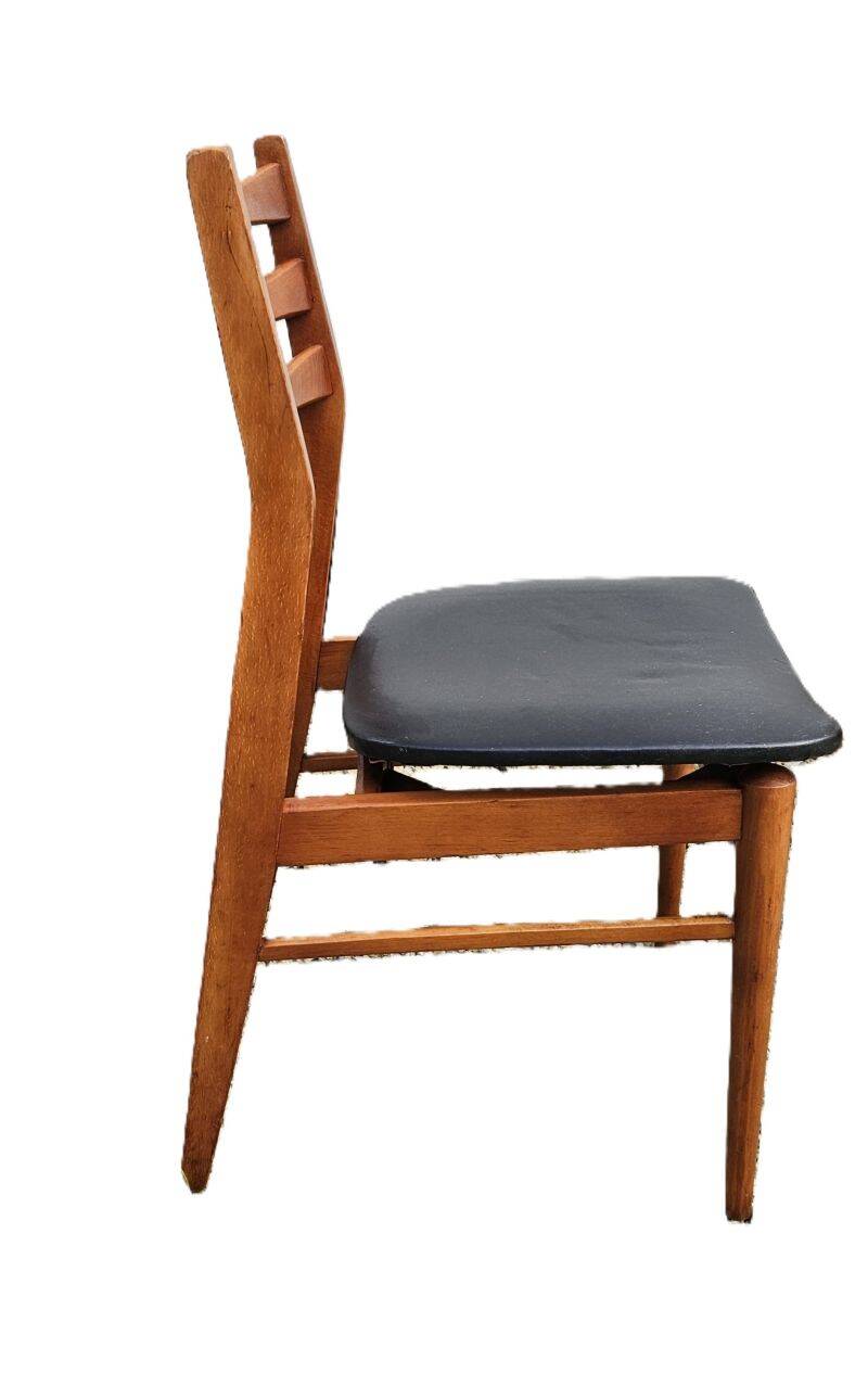 4 Scandinavian Design Chairs in Teak with Black Skai Upholstery 1960