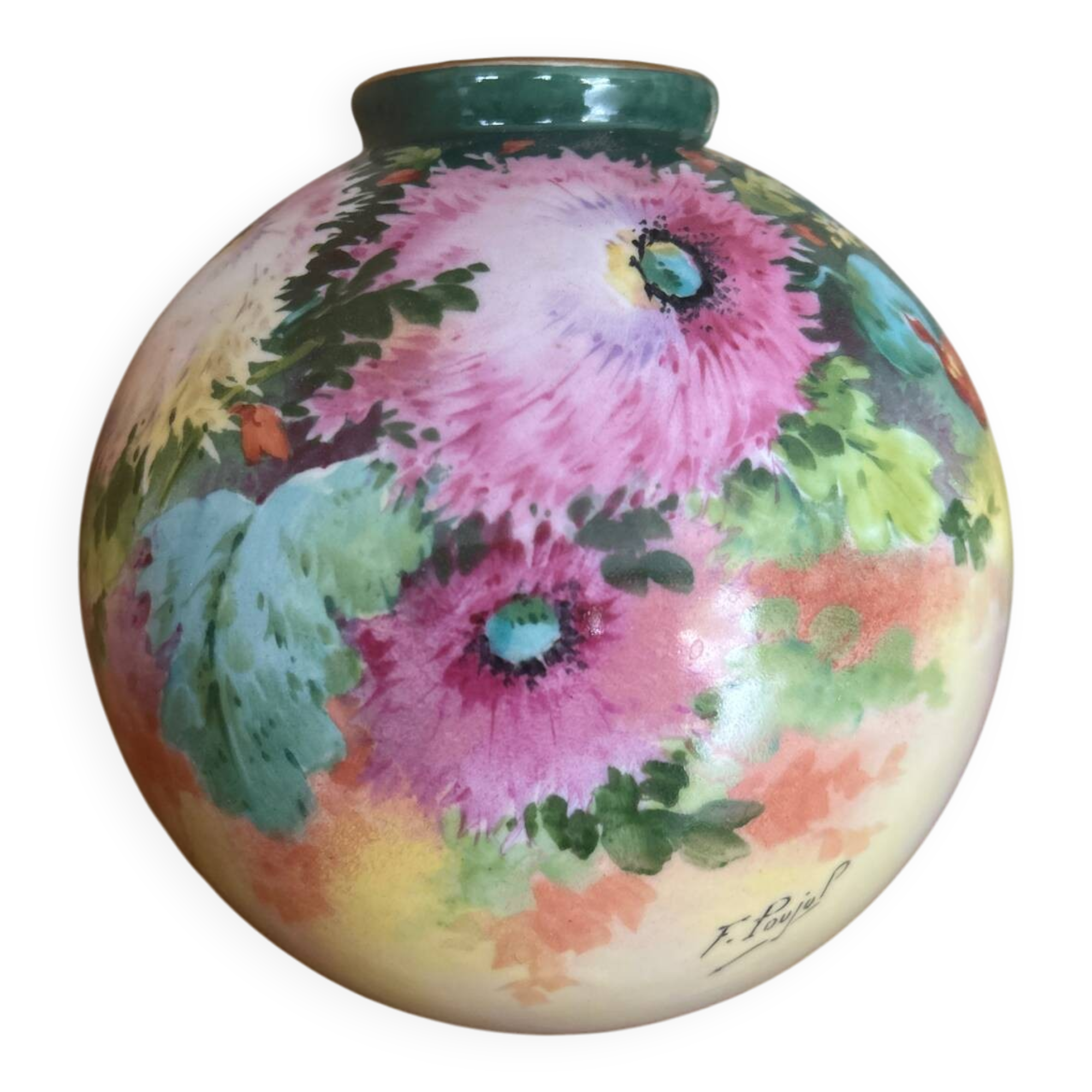Hand-painted ball vase signed F.Poujol Limoges
