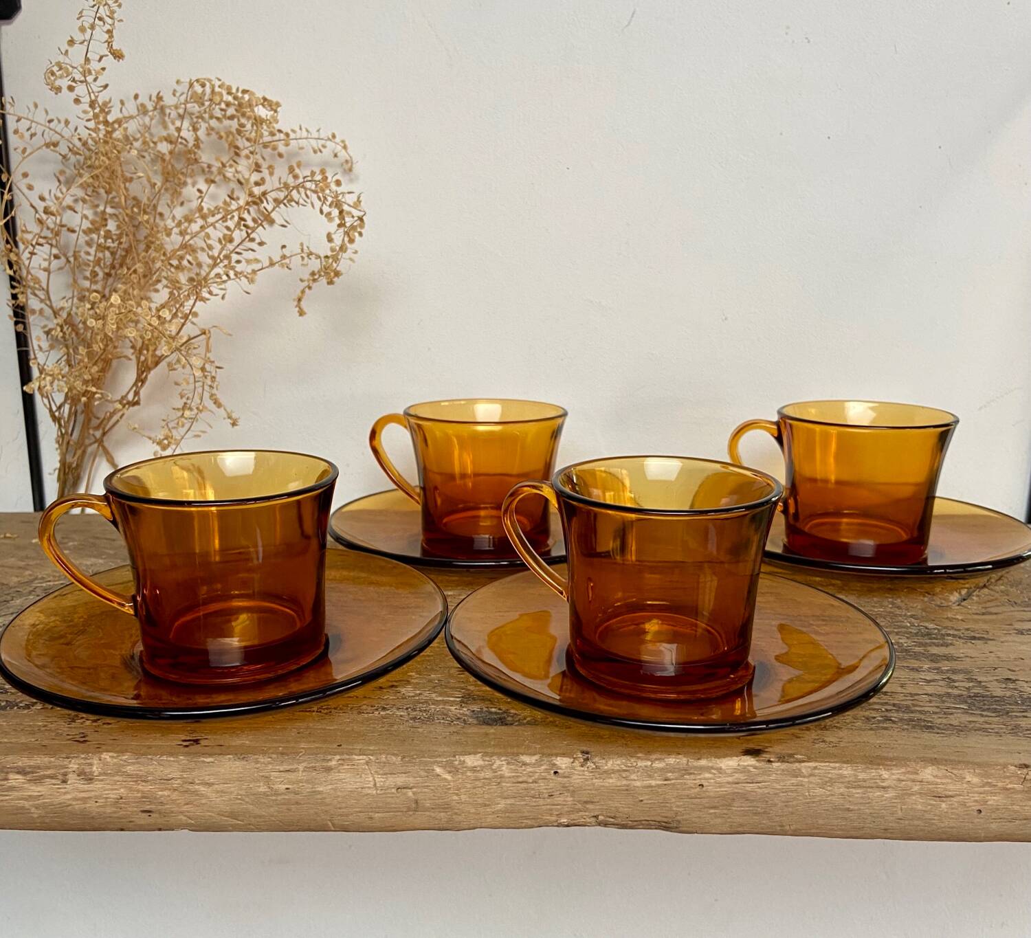 4 amber Duralex cups and saucers