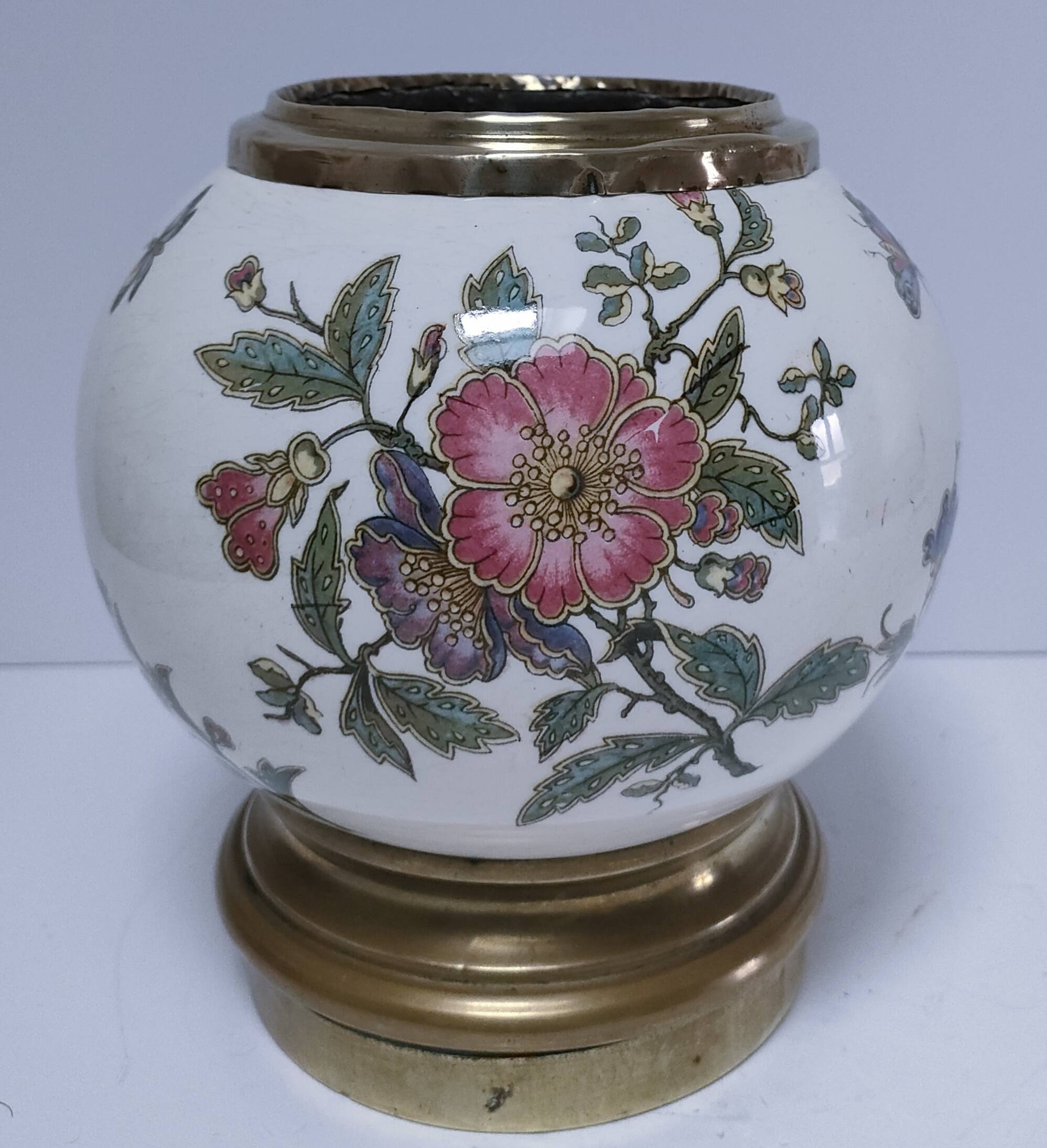 round vase earthenware brass decorated with flowers and insects early 20th century