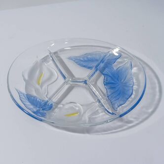 "Arum" glass dish with 4 compartments, vintage style. Luminarc/Arques Glassworks.