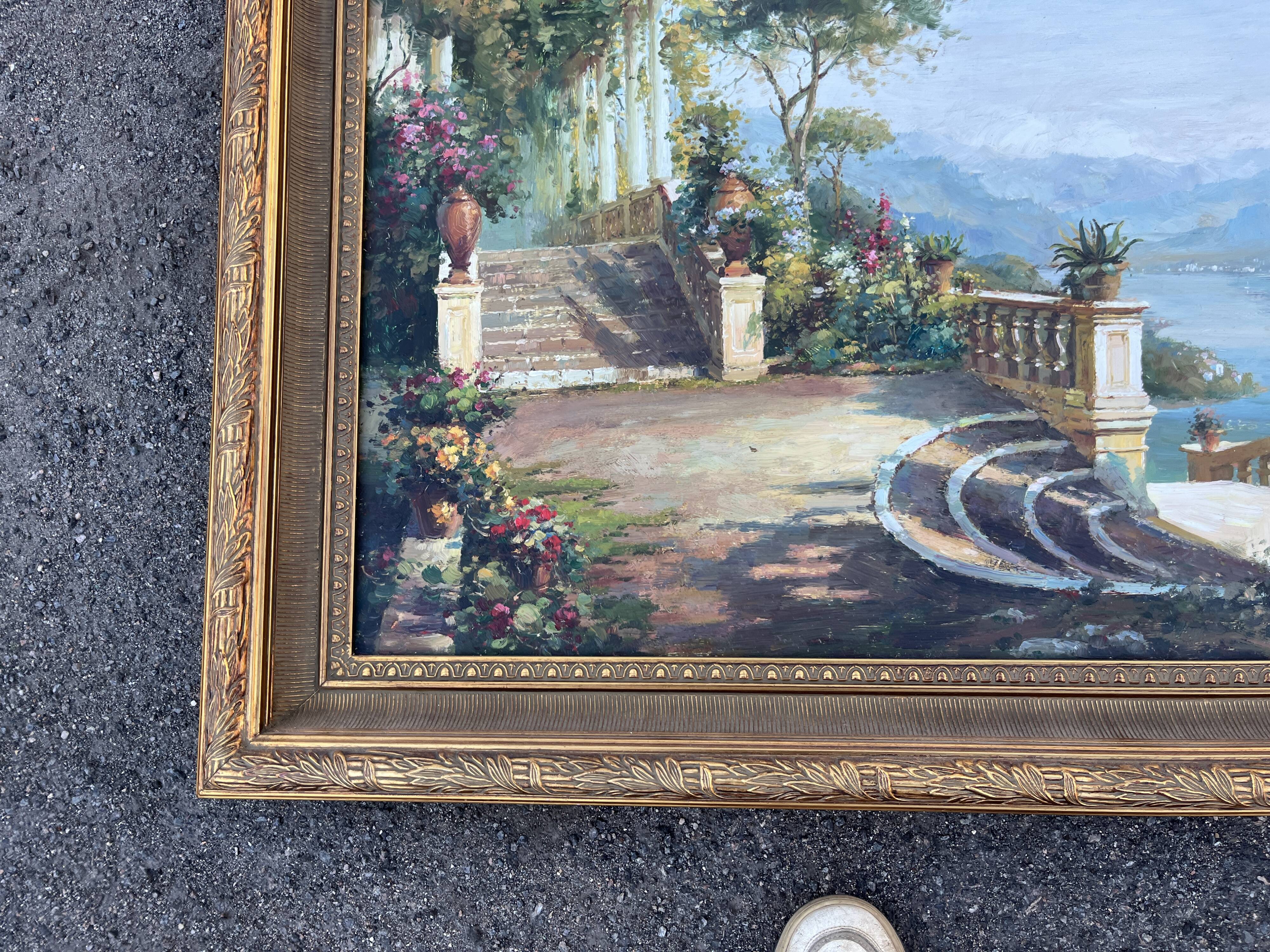 Large oil on canvas, Mediterranean terrace by the lake, signed, gilded frame.