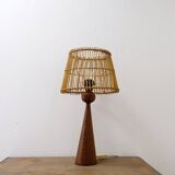 Wooden table lamp in the shape of a bowling pin with a bamboo shade from the 1960s.