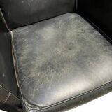 Pair of leather armchairs with marquetry armrests