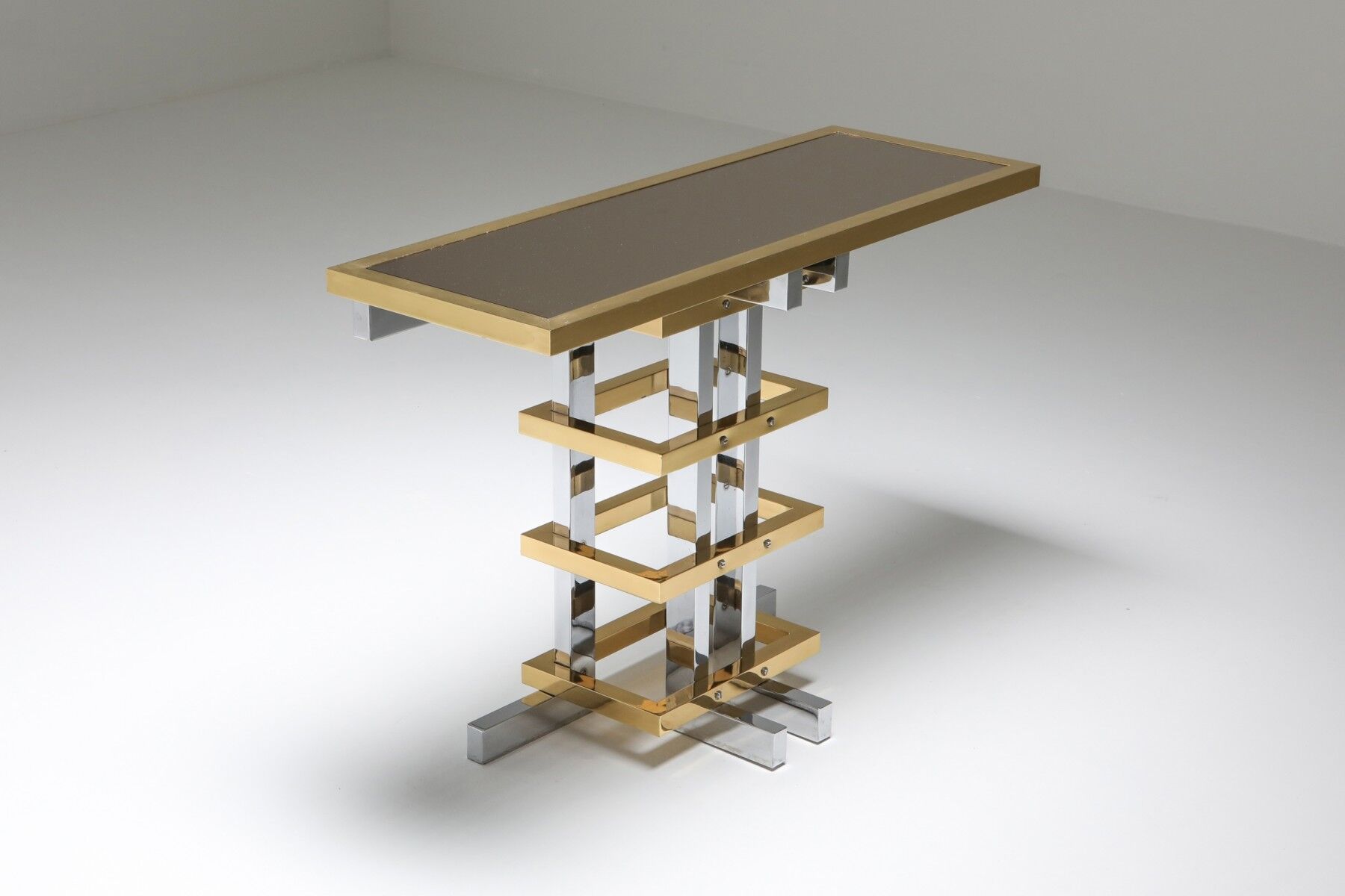 Brass and chrome console with 1970 Duchise glass tray