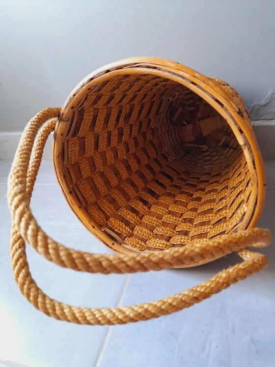 Hanging pot made of rattan and rope 1960