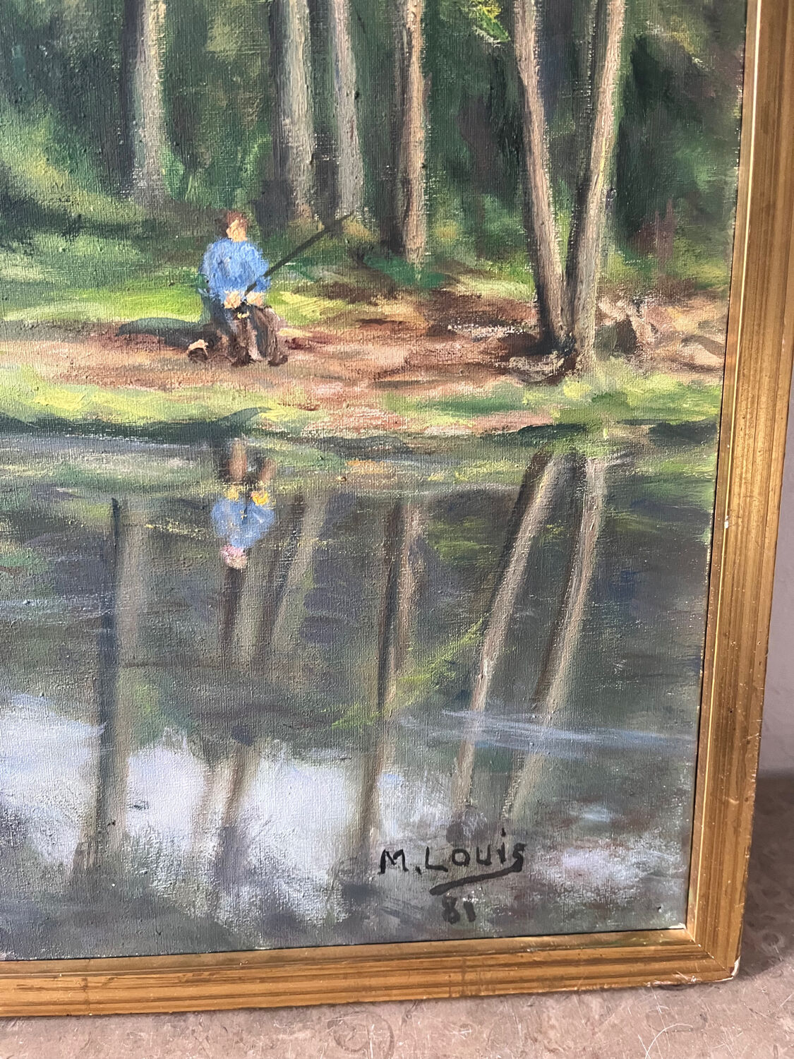 Fishermen at Brochard Pond, signed M. Louis, 1981