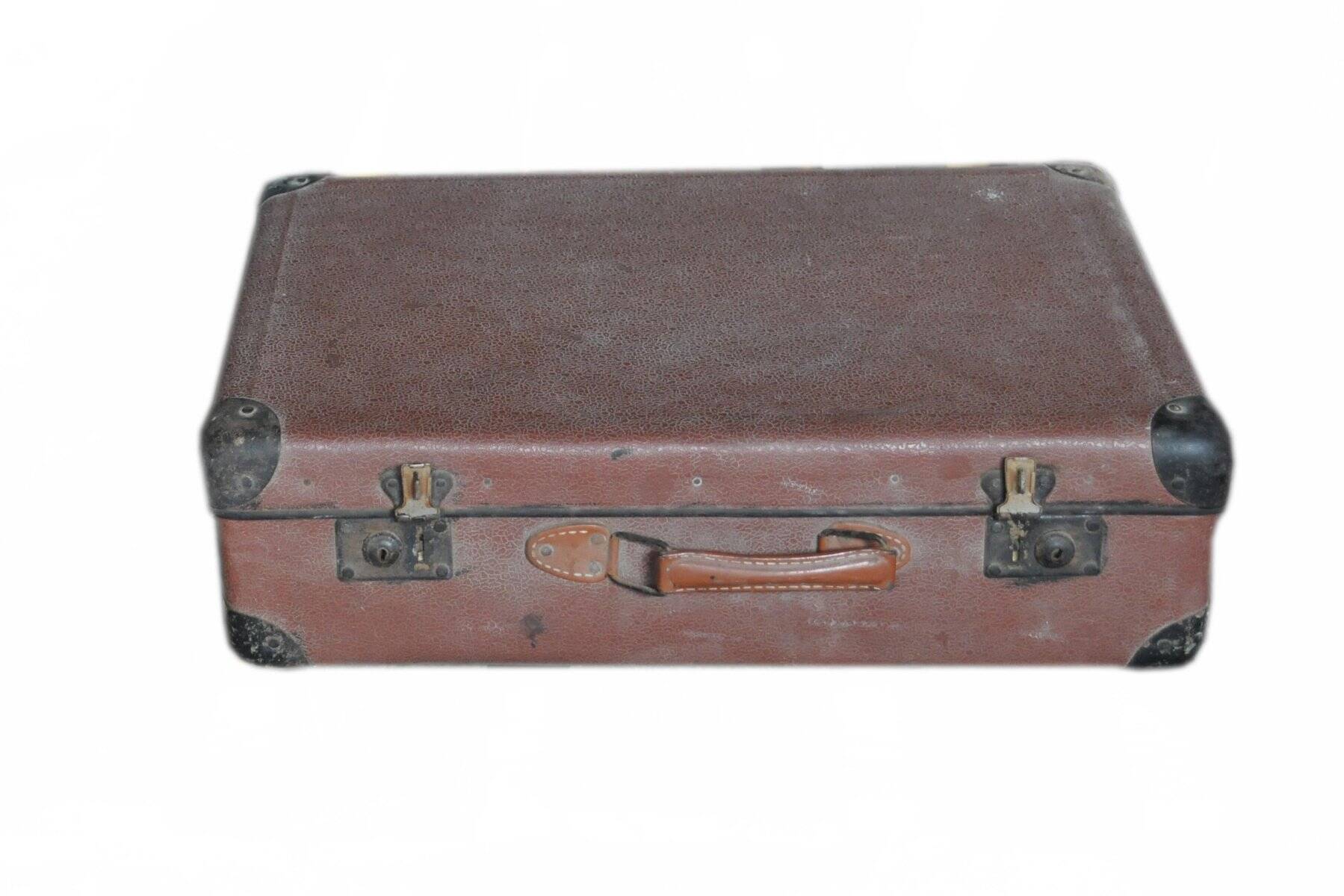 Vintage brown and black leather and metal suitcase - 1930s-1940s Czech Republic