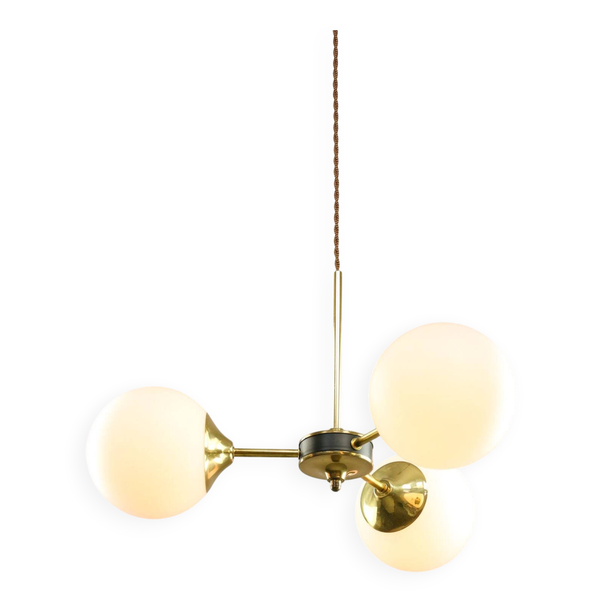 Mid-Century Modern Italian Chandelier in Brass and Opaline Glass, 1960s